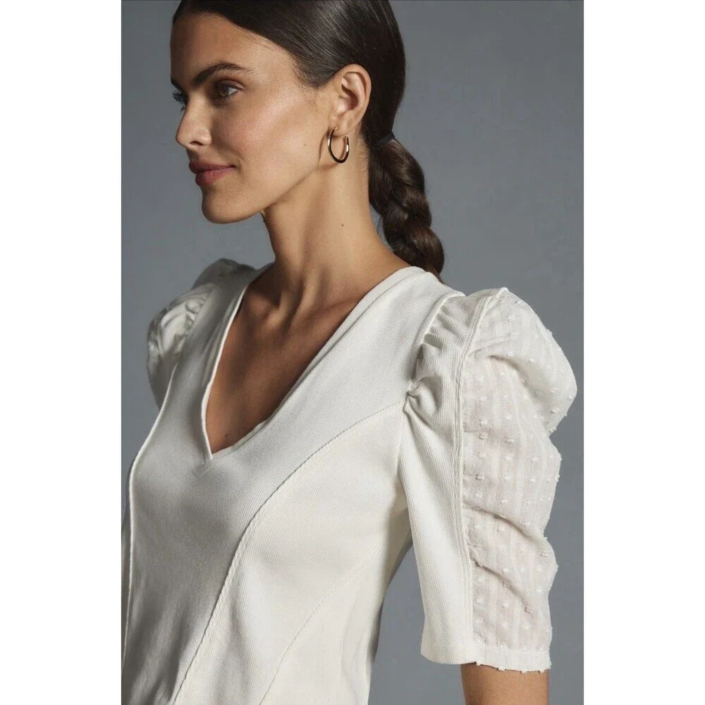 By Anthropologie Puff-Sleeve Structured V-Neck Tee Blouse T-Shirt Ribbed XS